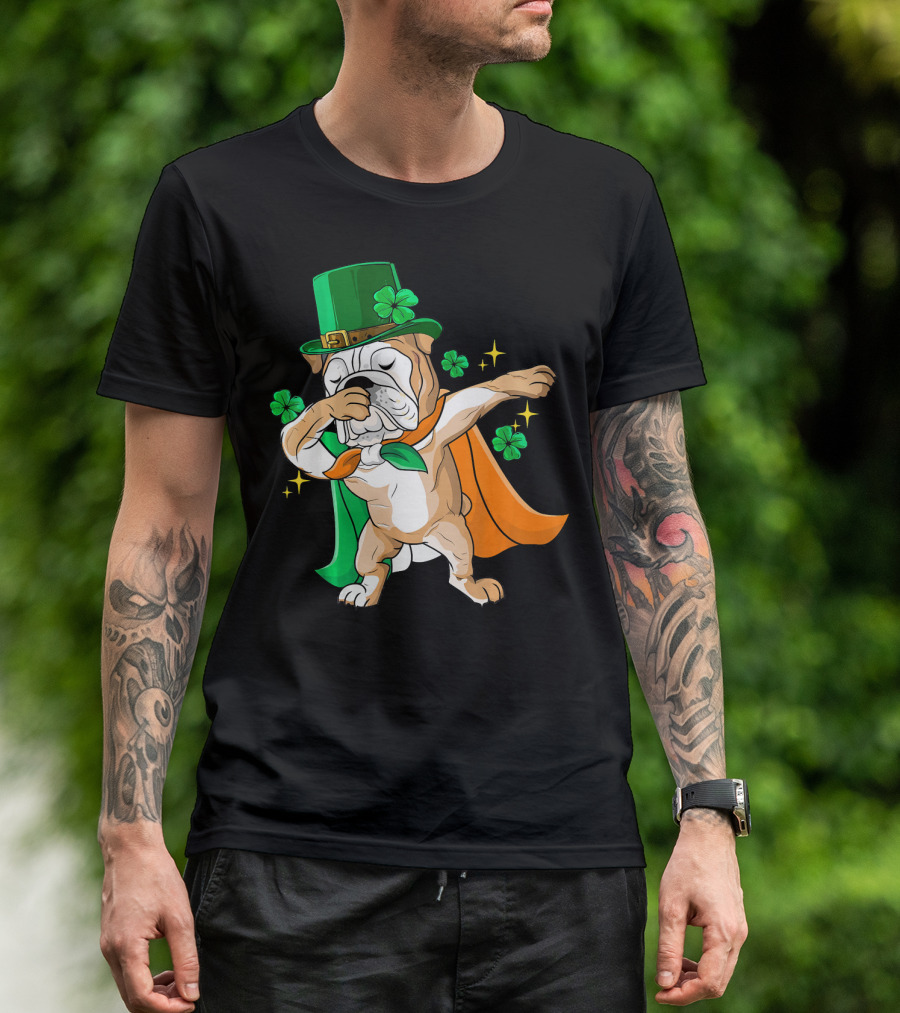 Irish Bulldog Dabbing Leprechaun With Shamrocks T-Shirt