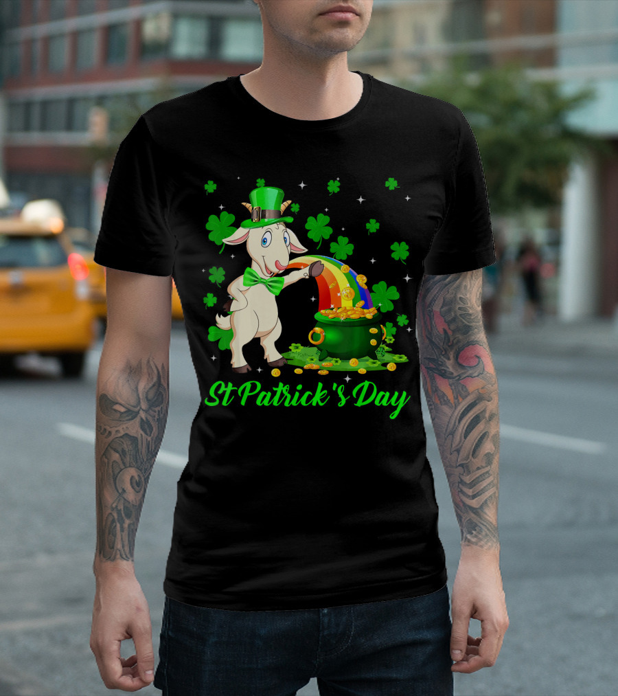 St Patrick's Day Leprechaun Goat Shamrock Rainbow Pot Of Gold T-Shirt