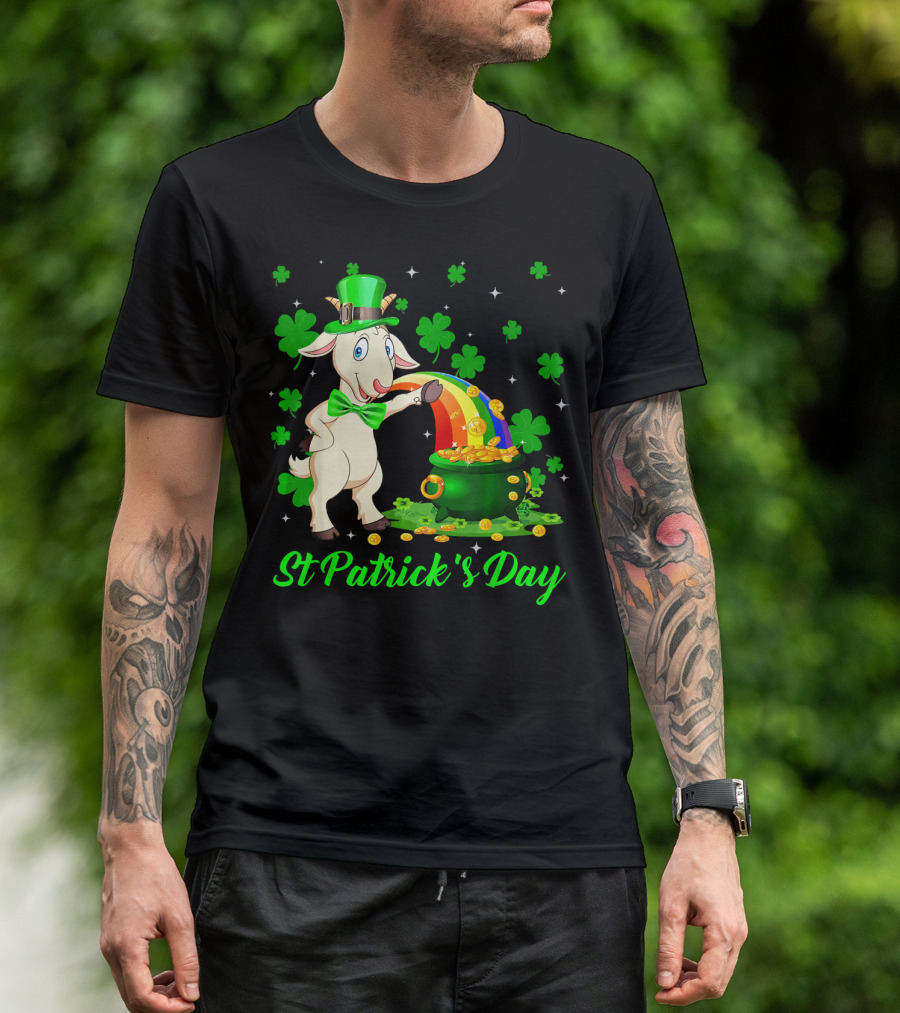 St Patrick's Day Leprechaun Goat Shamrock Rainbow Pot Of Gold T-Shirt
