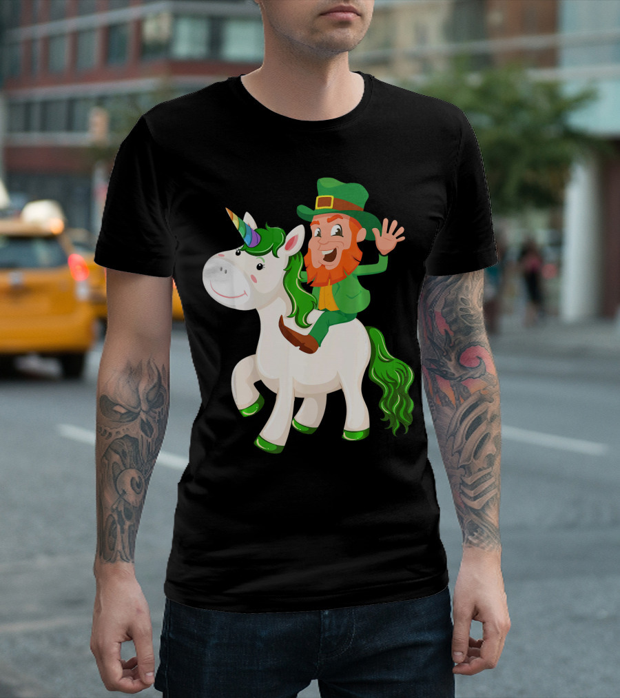 Unicorn Leprechaun Celebration Characters Green Hat and Red Beard Riding Playful Creature T-Shirt