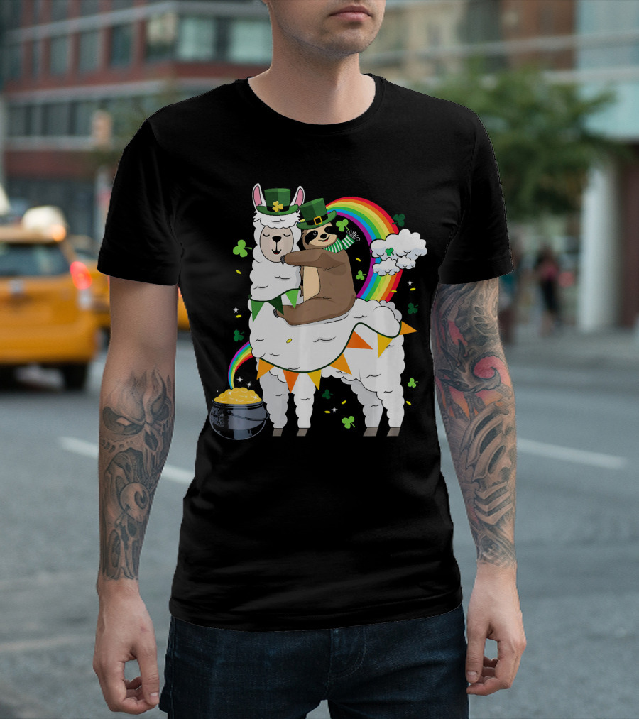 St. Patrick's Day Sloth Leprechaun with Rainbow and Gold on Llama T-Shirt