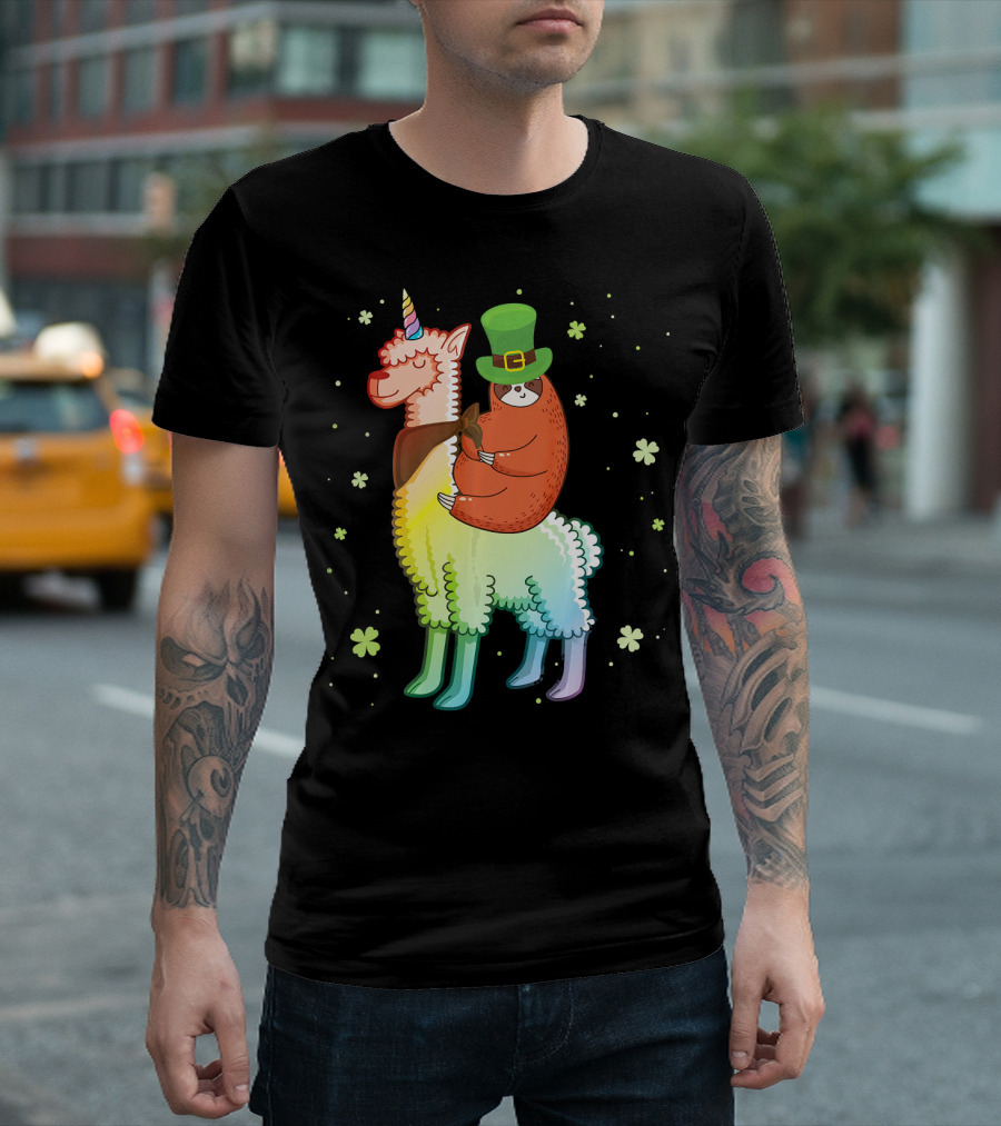 Cute Sloth Leprechaun Riding Rainbow Unicorn Llama With Shamrocks T-Shirt