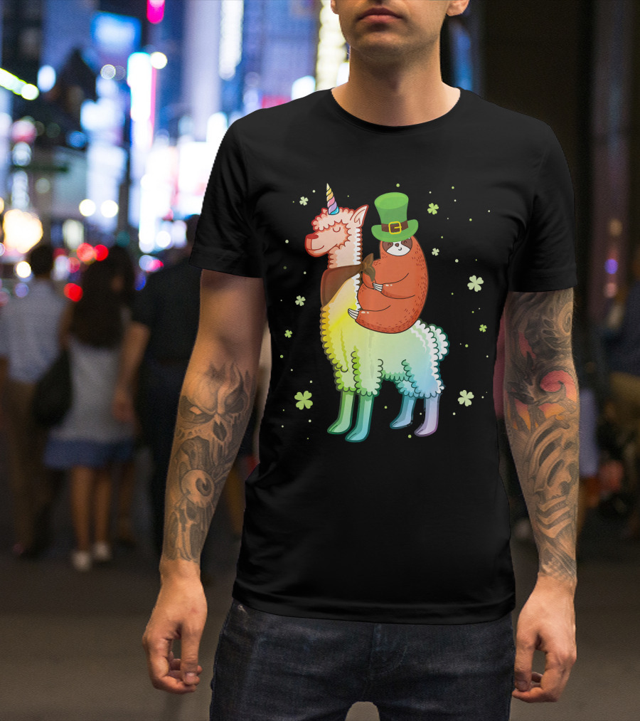 Cute Sloth Leprechaun Riding Rainbow Unicorn Llama With Shamrocks T-Shirt