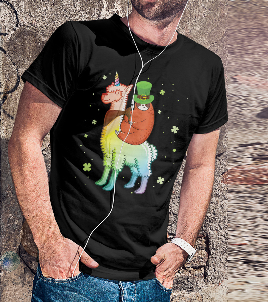 Cute Sloth Leprechaun Riding Rainbow Unicorn Llama With Shamrocks T-Shirt