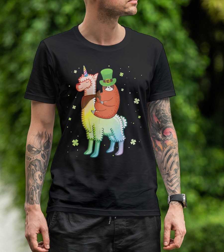 Cute Sloth Leprechaun Riding Rainbow Unicorn Llama With Shamrocks T-Shirt