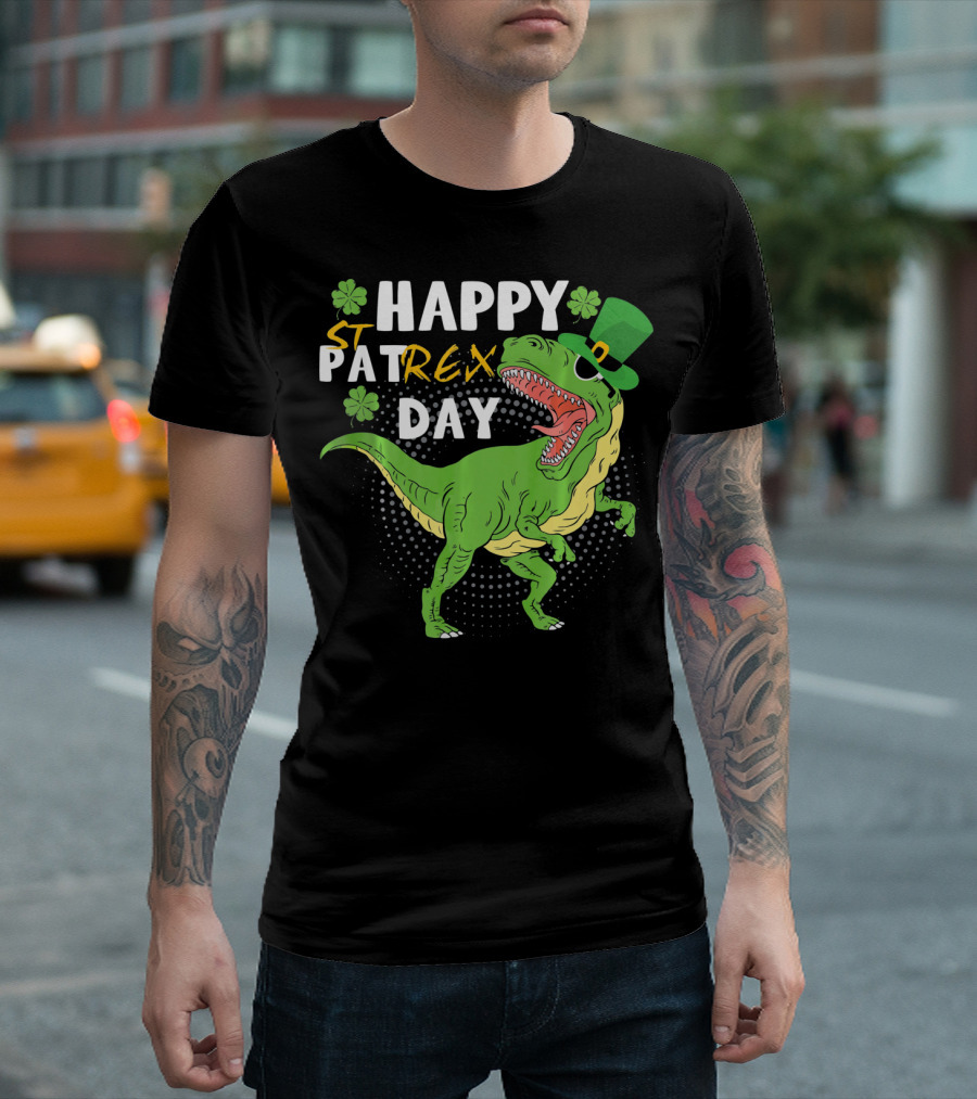 Happy St. Patrex Day Dinosaur with Shamrocks T-Shirt