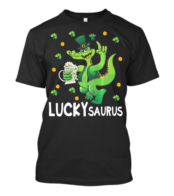 Luckysaurus Dinosaur Leprechaun Drinking Green Beer With Shamrocks And Coins T-Shirt