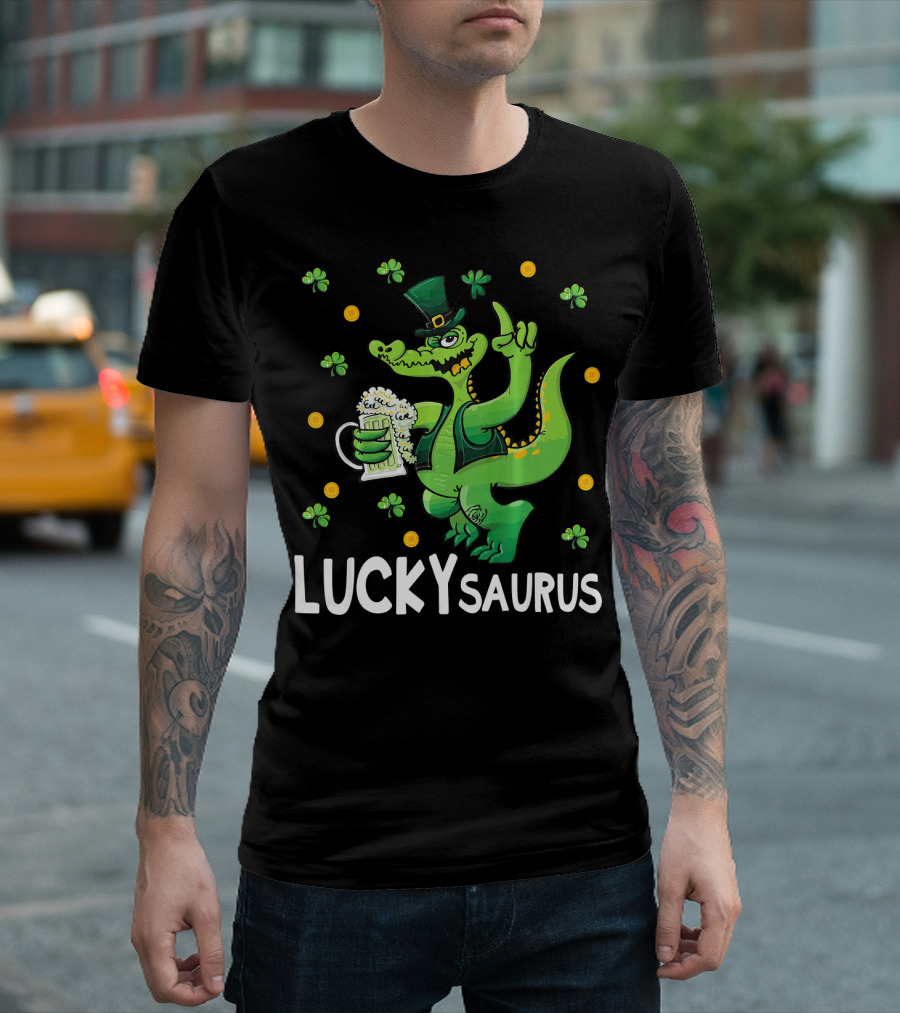 Luckysaurus Dinosaur Leprechaun Drinking Green Beer With Shamrocks And Coins T-Shirt