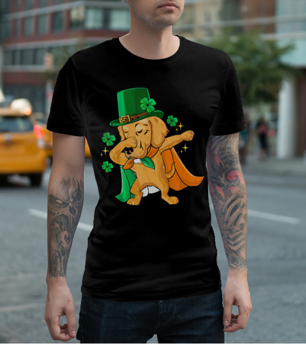 Golden Retriever Dabbing In Leprechaun Hat With Shamrock Cape T-Shirt
