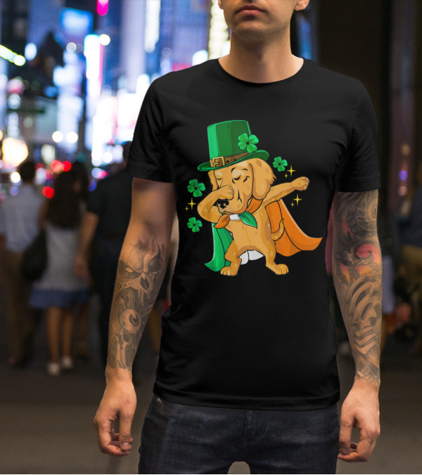 Golden Retriever Dabbing In Leprechaun Hat With Shamrock Cape T-Shirt