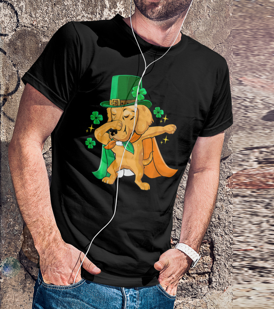 Golden Retriever Dabbing In Leprechaun Hat With Shamrock Cape T-Shirt