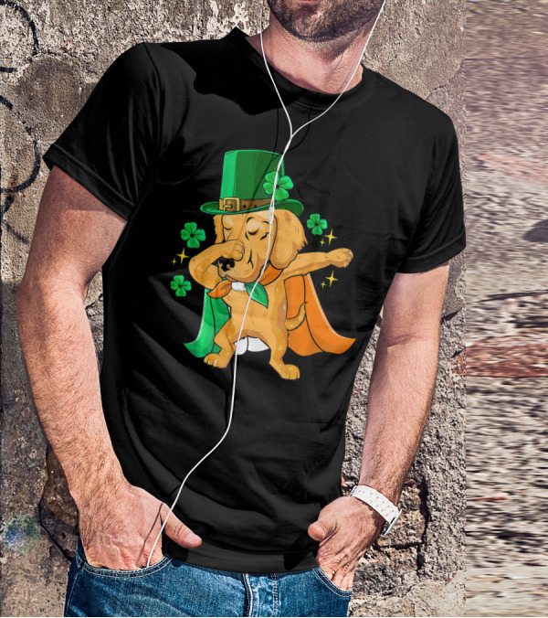 Golden Retriever Dabbing In Leprechaun Hat With Shamrock Cape T-Shirt
