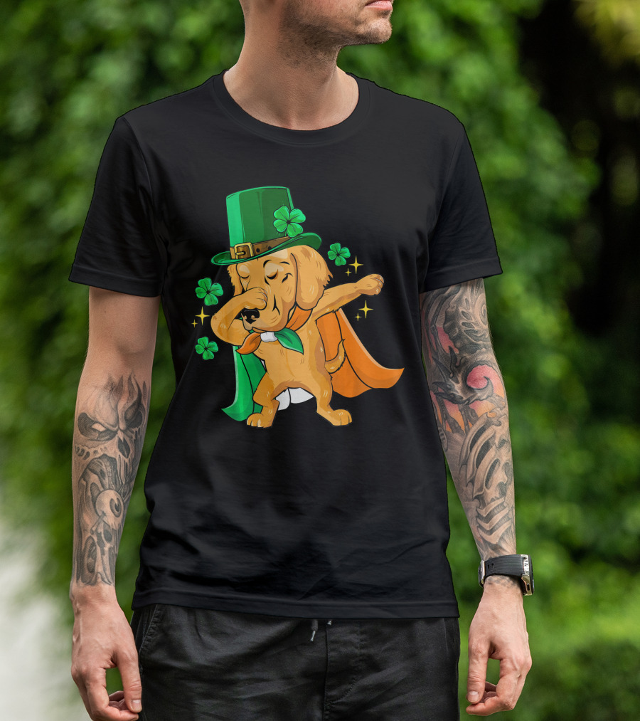 Golden Retriever Dabbing In Leprechaun Hat With Shamrock Cape T-Shirt