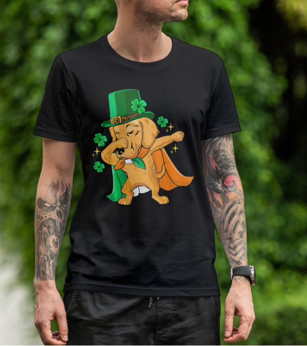 Golden Retriever Dabbing In Leprechaun Hat With Shamrock Cape T-Shirt