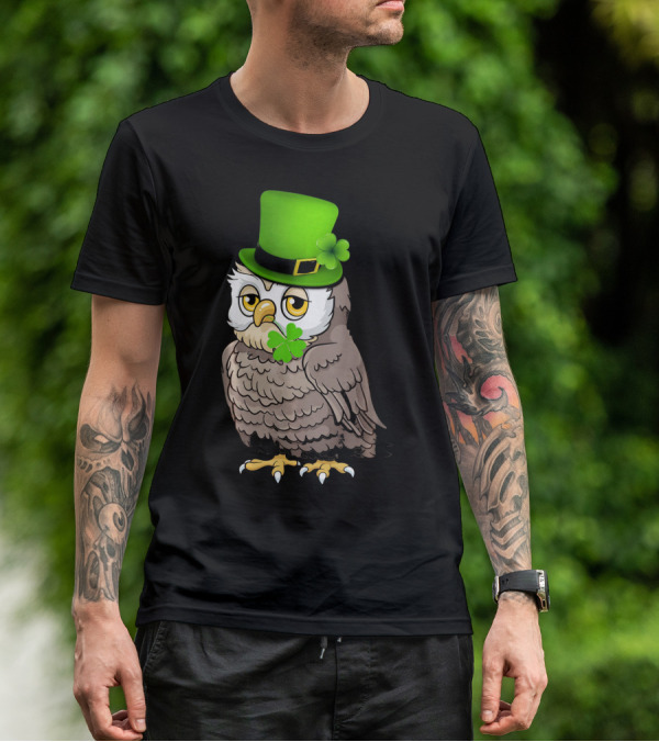 St Patricks Day Owl Wearing Green Hat With Shamrock Clove T-Shirt