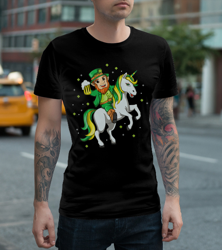 Lepricorn Irish Unicorn with Beer Mug and Shamrocks T-Shirt