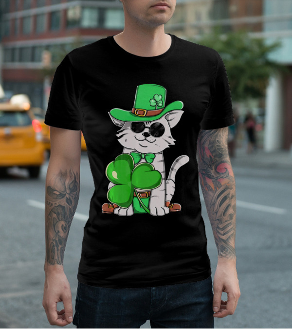 Leprechaun Cat Shamrock Irish St Pat Day Kitty T-Shirt