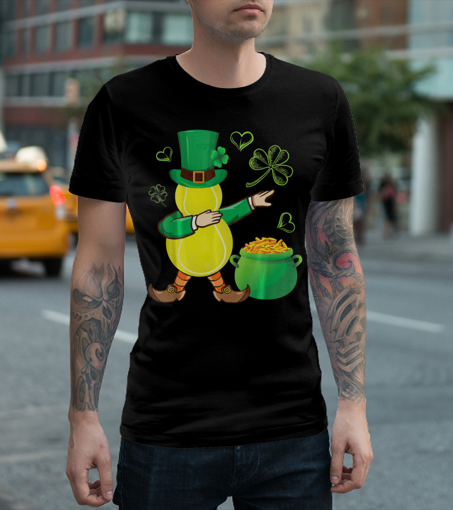 Tennis Leprechaun Dabbing with Gold Pot and Shamrocks T-Shirt