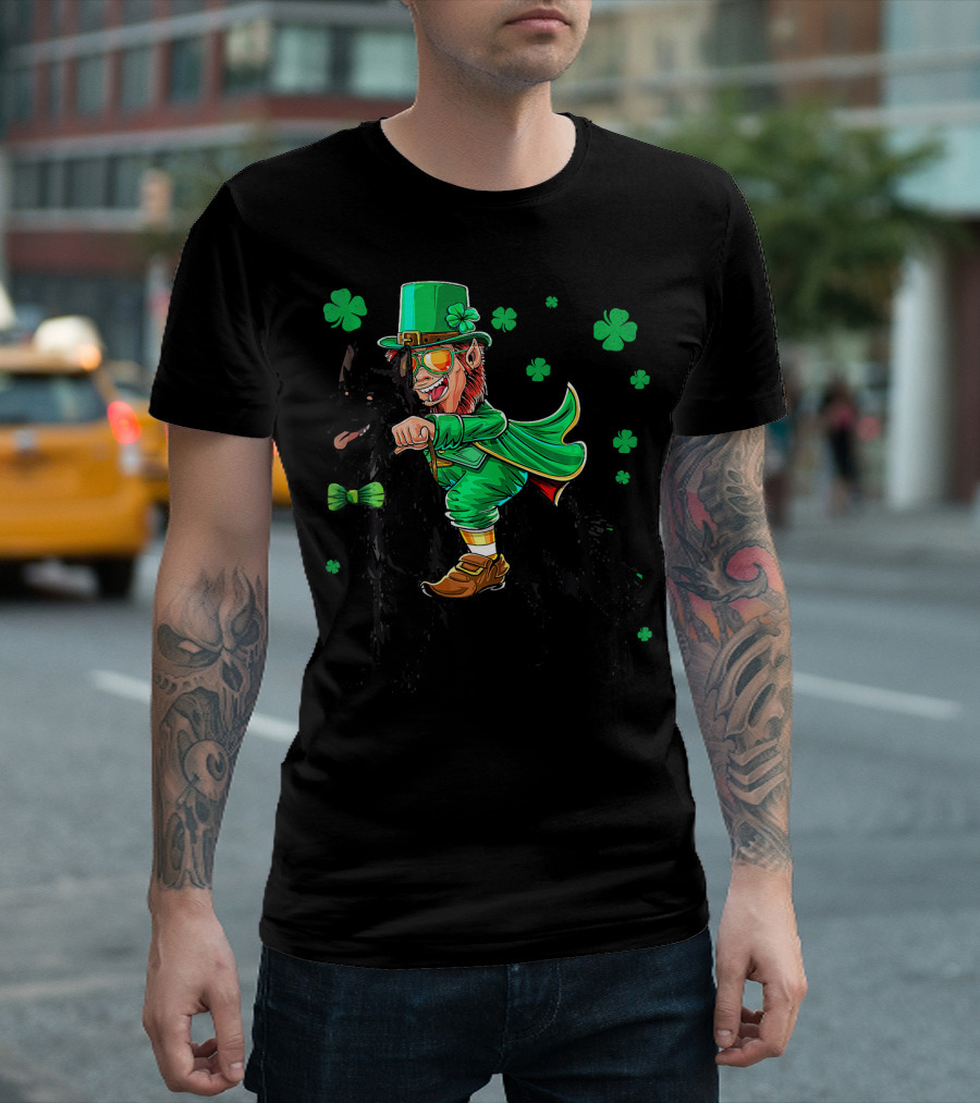 Leprechaun Riding Belgian Sheepdog With Shamrocks T-Shirt