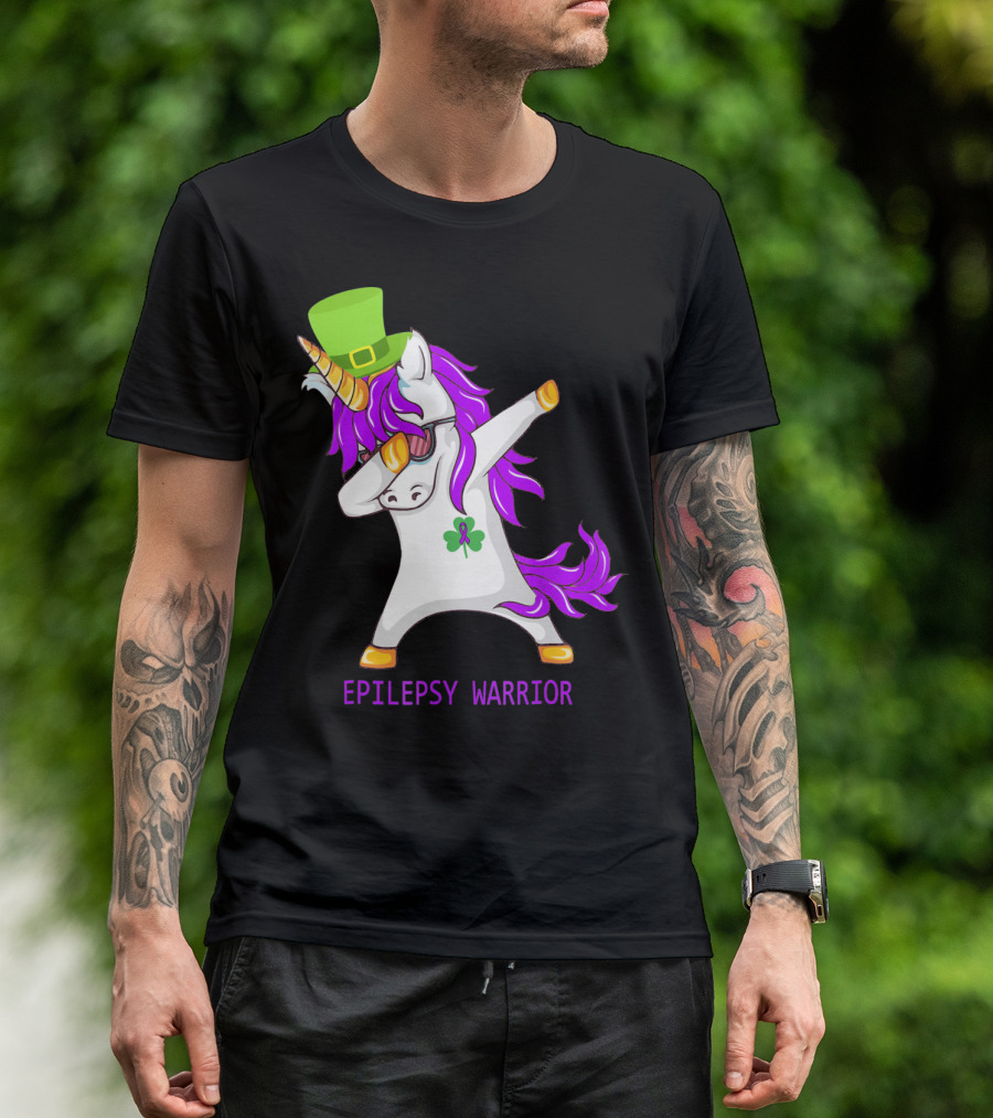 Unicorn Epilepsy Warrior Dabbing With Green Hat And Shamrock T-Shirt
