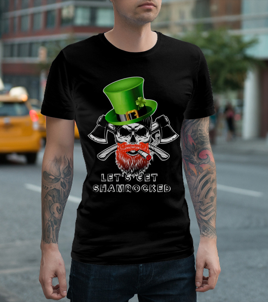 Let's Get Shamrocked St Patrick's Day Skull with Green Hat and Axes T-Shirt