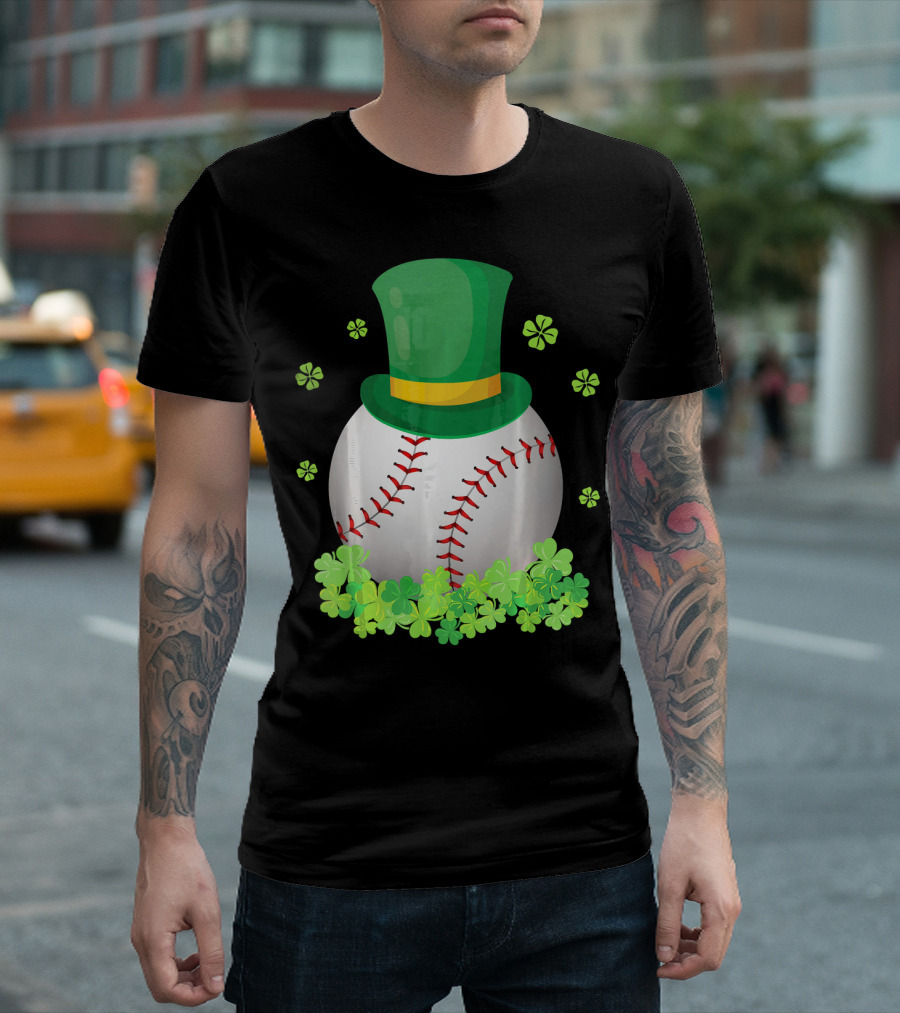 Baseball Leprechaun Hat with Shamrocks and Four-Leaf Clovers T-Shirt