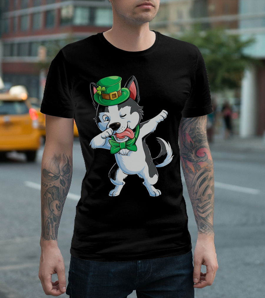 Dabbing Siberian Husky St. Patrick’s Day Green Hat Bow Tie T-Shirt