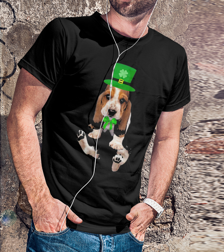 Basset Hound Puppy St. Patrick's Day Leprechaun Hat With Shamrock T-Shirt