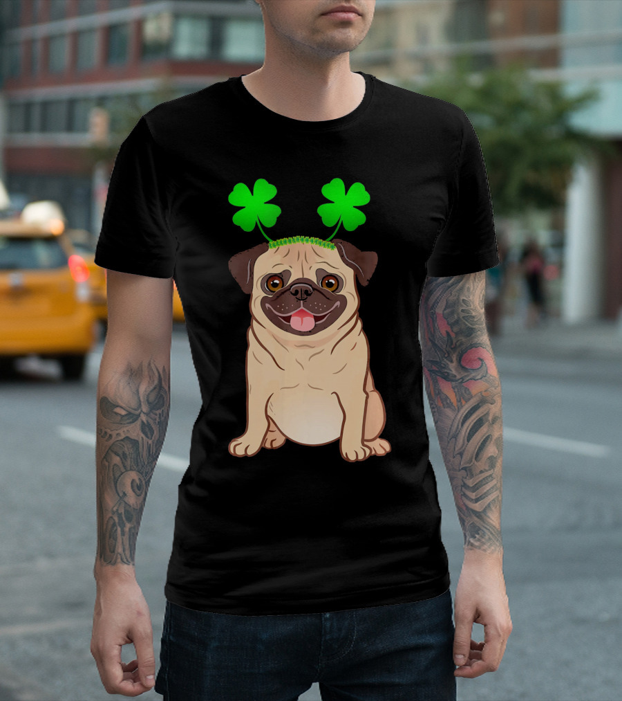 Cute Pug Adorned In Shamrock Headband With Happy Expression T-Shirt
