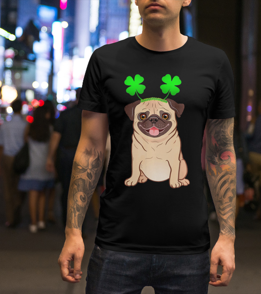 Cute Pug Adorned In Shamrock Headband With Happy Expression T-Shirt