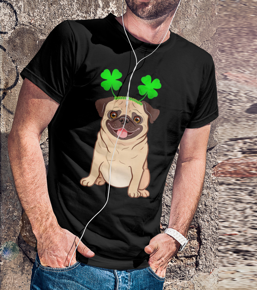 Cute Pug Adorned In Shamrock Headband With Happy Expression T-Shirt