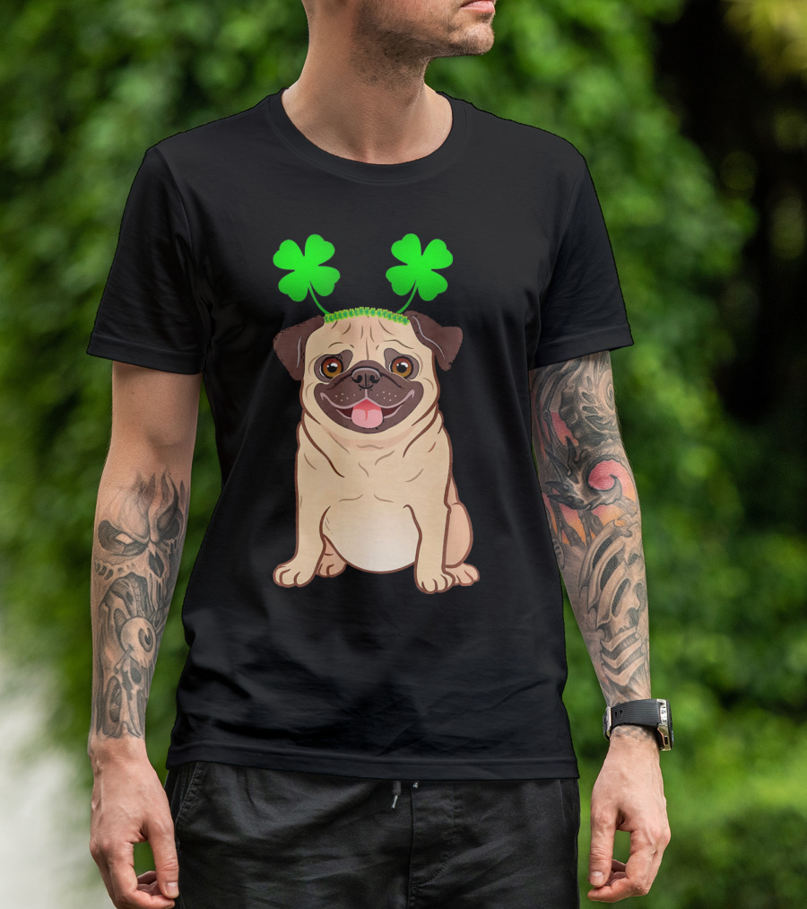 Cute Pug Adorned In Shamrock Headband With Happy Expression T-Shirt