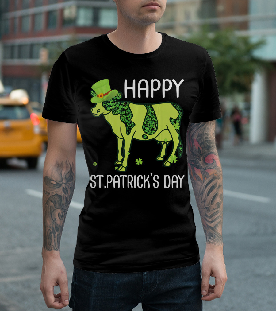 Happy St. Patrick's Day Shamrocks Cow Leprechaun T-Shirt