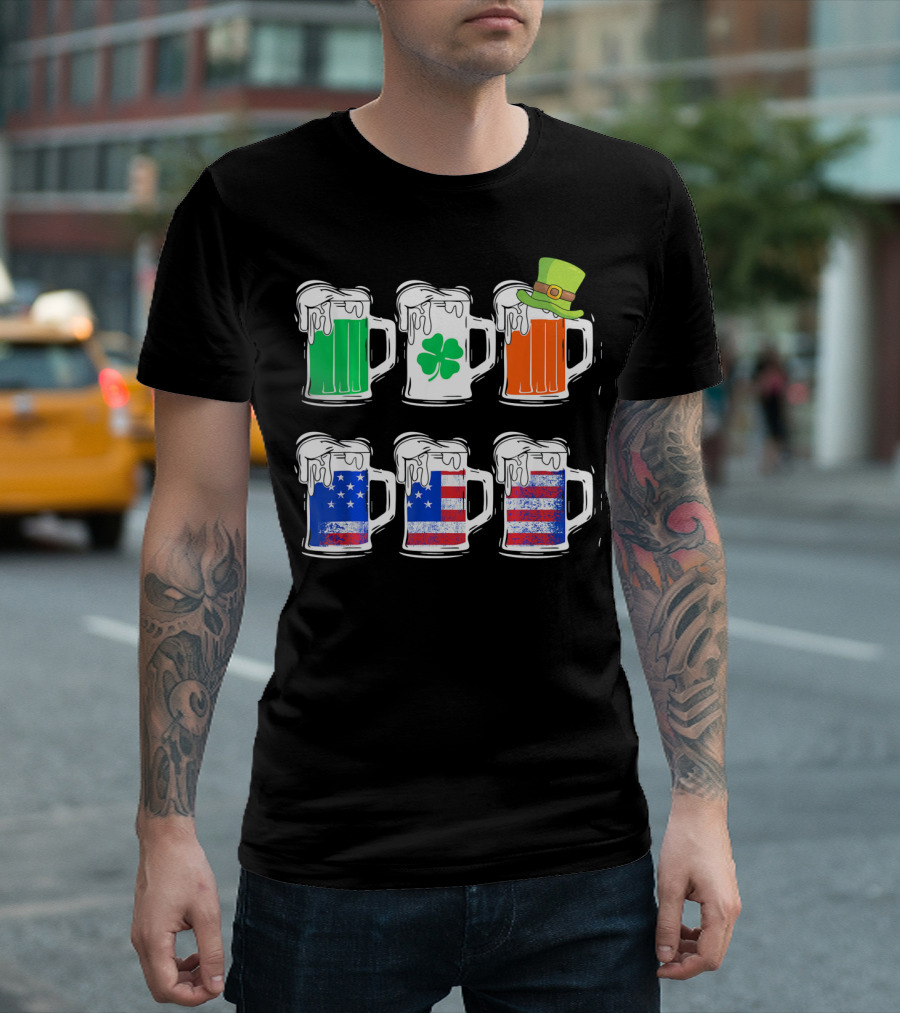 Saint Patricks Irish American Flag Beer Mug With Shamrock And Leprechaun Hat T-Shirt