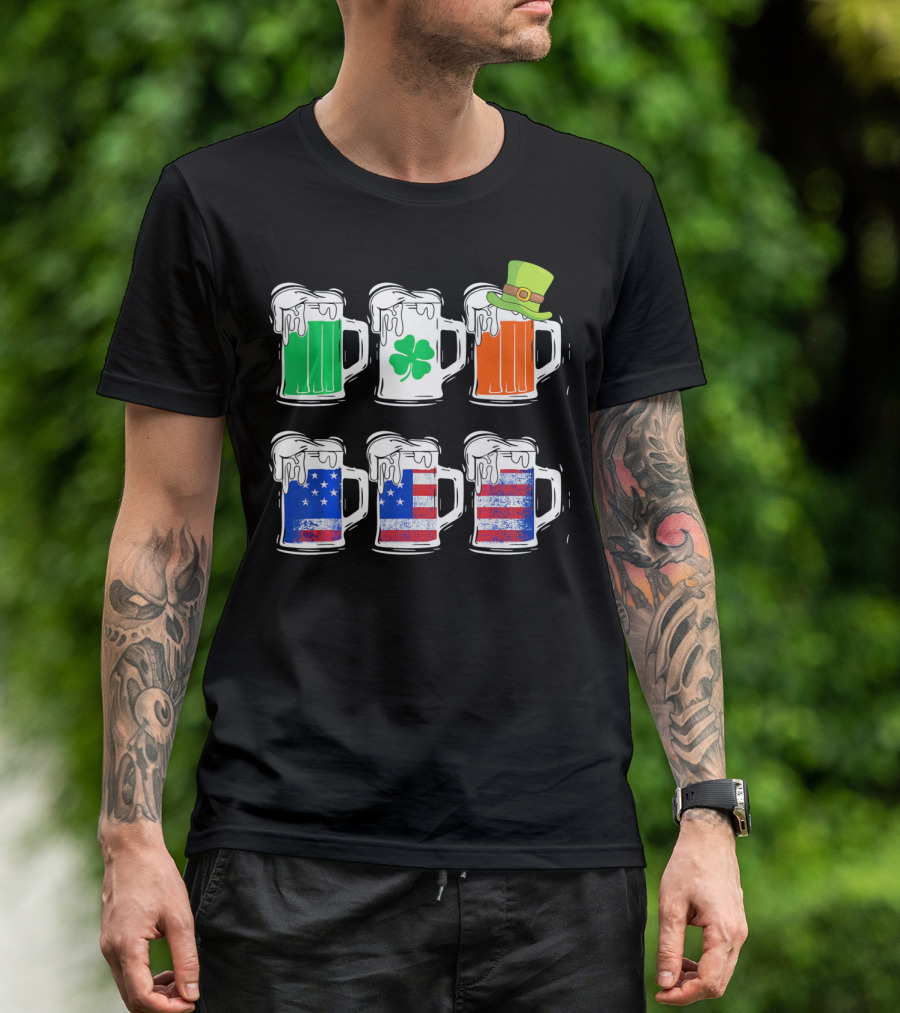 Saint Patricks Irish American Flag Beer Mug With Shamrock And Leprechaun Hat T-Shirt