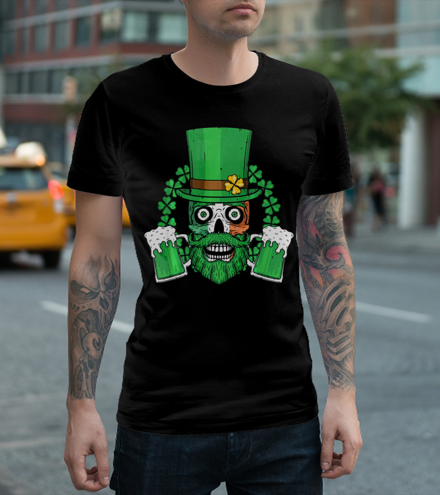 Irish Flag Leprechaun Skull with Shamrock and Beer Mugs T-Shirt
