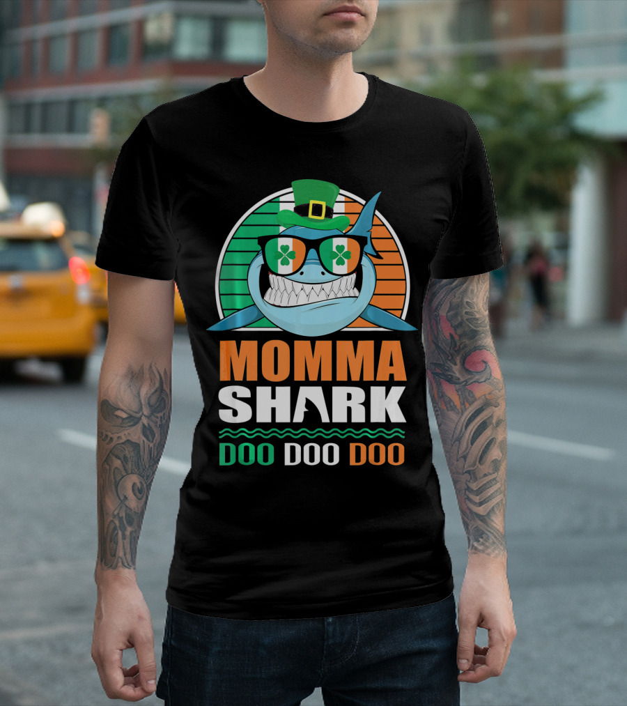 Momma Shark Doo Doo Doo St. Patrick's Day Shamrock Glasses and Hat T-Shirt