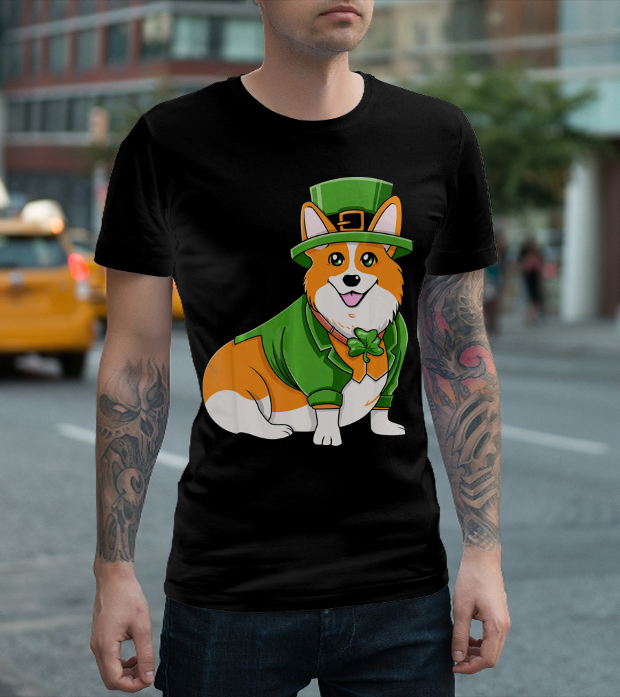 St Patricks Day Corgi Irish Dog in Leprechaun Hat and Green Suit T-Shirt
