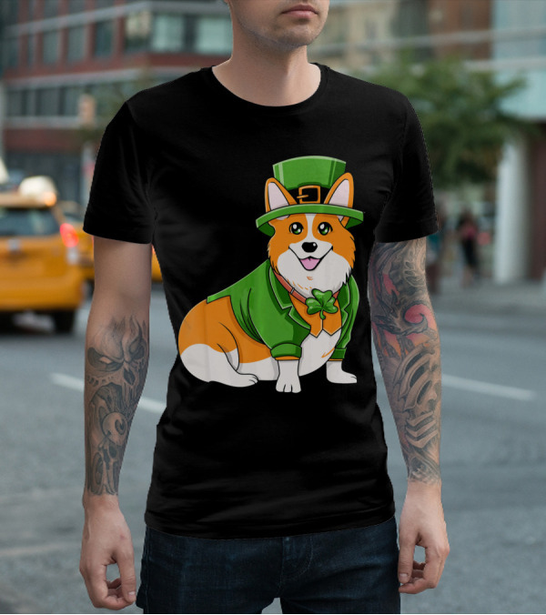 St Patricks Day Corgi Irish Dog In Leprechaun Hat And Green Suit T-Shirt