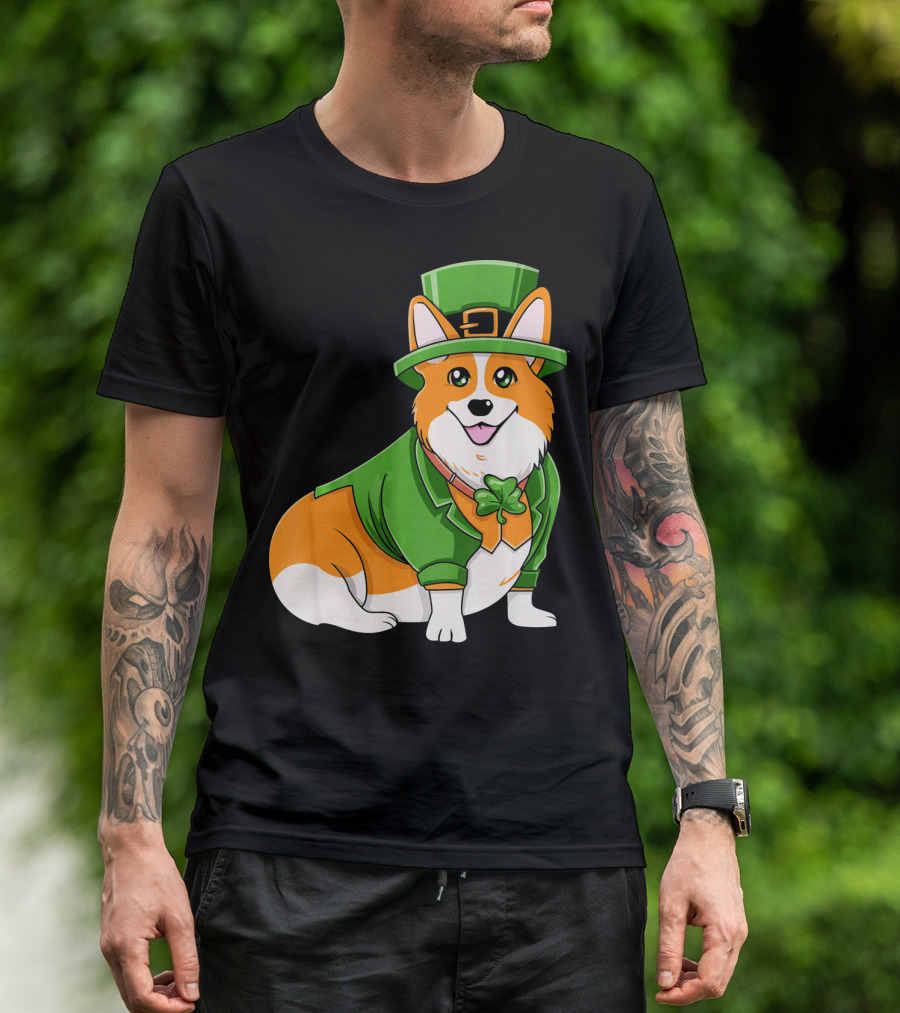 St Patricks Day Corgi Irish Dog In Leprechaun Hat And Green Suit T-Shirt