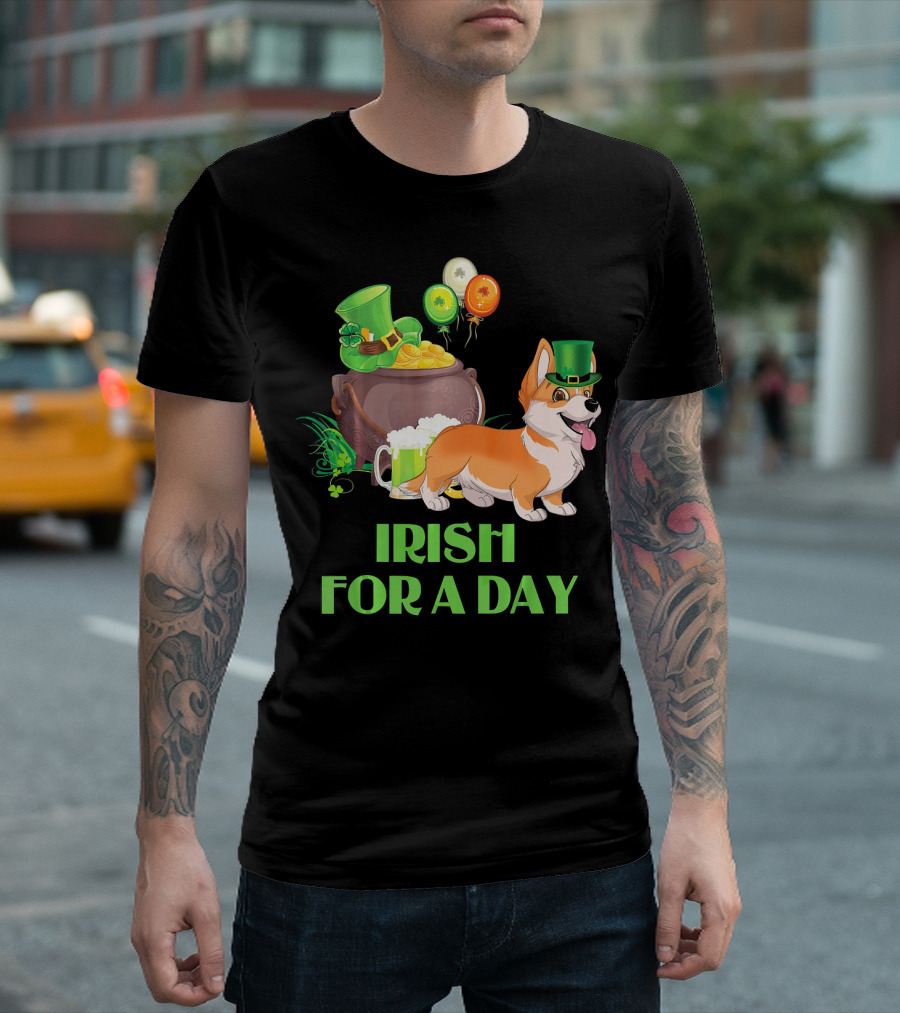 Irish For A Day Welsh Corgi Dog Leprechaun Pot of Gold Balloons T-Shirt