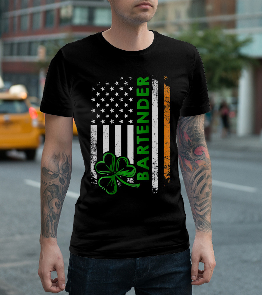 Irish Bartender American Flag Shamrock T-Shirt