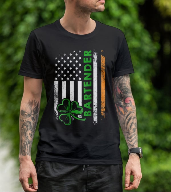 Irish Bartender American Flag Shamrock T-Shirt