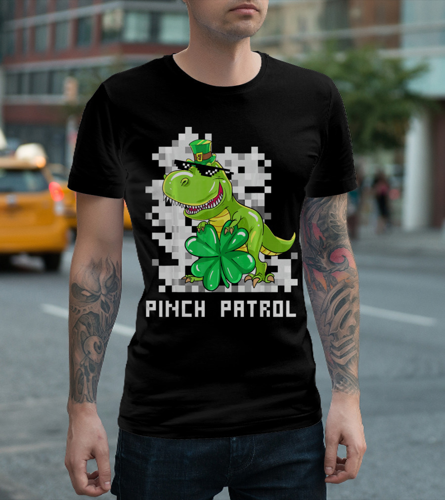 St Patrick Day Dinosaur Pinch Patrol Pixelated Clover and Hat T-Shirt