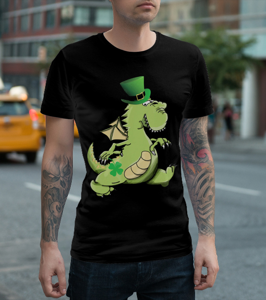 St Patrick's Day Dragon Wearing Leprechaun Hat with Shamrock T-Shirt