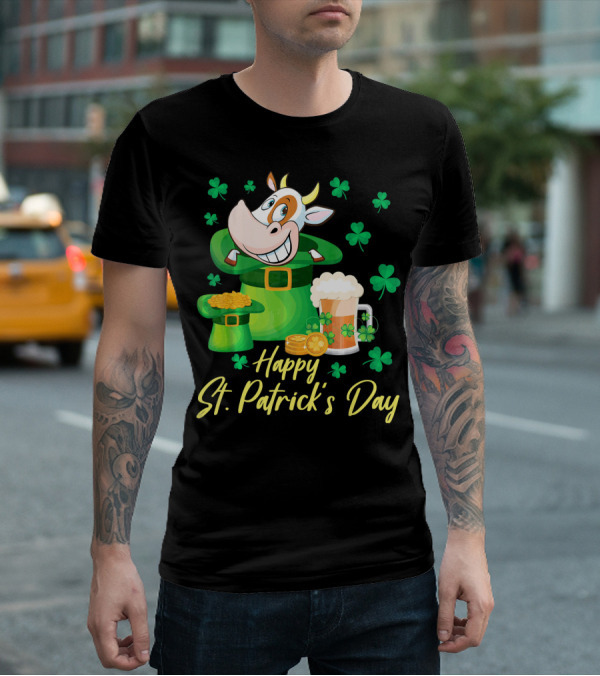 Happy St. Patrick's Day Cow Dancing In Leprechaun Hat With Gold Coins And Beer T-Shirt