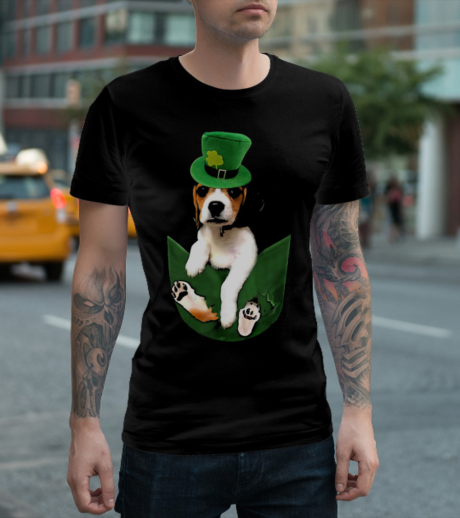 Beagle in Green Pocket with St Patrick's Hat and Shamrock T-Shirt