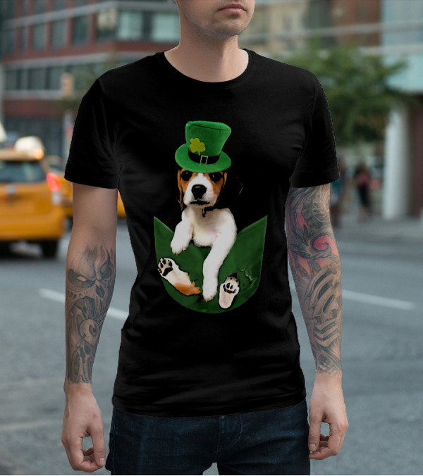 Beagle In Green Pocket With St Patrick's Hat And Shamrock T-Shirt