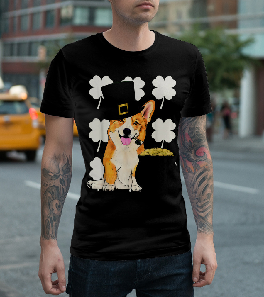 Irish Corgi St. Patricks Day Clover Leprechaun Hat And Pot Of Gold T-Shirt
