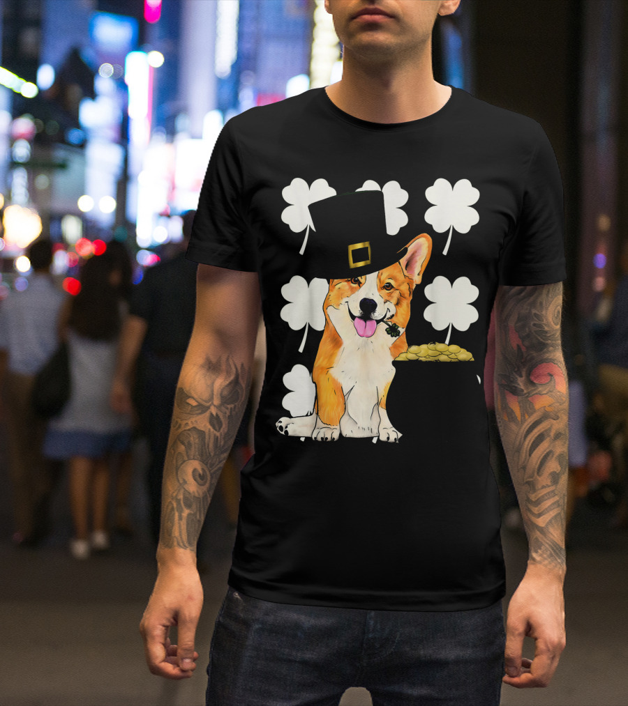 Irish Corgi St. Patricks Day Clover Leprechaun Hat And Pot Of Gold T-Shirt